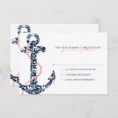 ネイビー&ピンクいかりビーチ結婚式rsvp 出欠カード (正面/裏面)