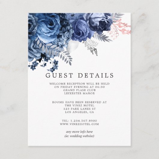 ネイビー＆ピンクにシルバーフォイルの結婚式ゲスト詳細 エンクロージャーカード (正面)