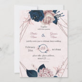 ネイビー&ピンクの花ボタニッ結婚クの幾何学的 招待状 (正面)