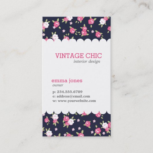 ネイビー&ピンクシックヴィンテージフローラプリント 名刺 (正面)