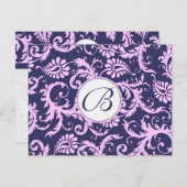 ネイビー&ピンクダマスク結婚スワーズの応答RSVP 出欠カード (正面/裏面)