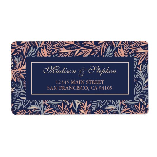 ネイビー&ピンクフローラ&植物パター結婚ン – s ラベル (正面)