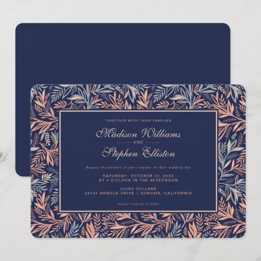 ネイビー&ピンクフローラ&植物パター結婚ン – s 招待状 (正面/裏面)