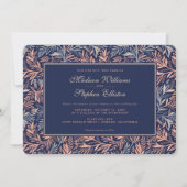 ネイビー&ピンクフローラ&植物パター結婚ン – s 招待状 (正面)