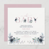 ネイビー&ピンクボホフローラガールベビーシャワースクエア 招待状 (正面/裏面)