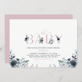ネイビー&ピンクボホフローラガールベビーシャワー 招待状