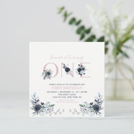 ネイビー&ピンクボホフローラガール1stバースデースクエア 招待状 (スタンド正面)