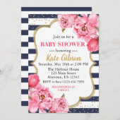 ネイビー&ピンク牡丹フローラ赤ちゃんシャワー 招待状 (正面/裏面)