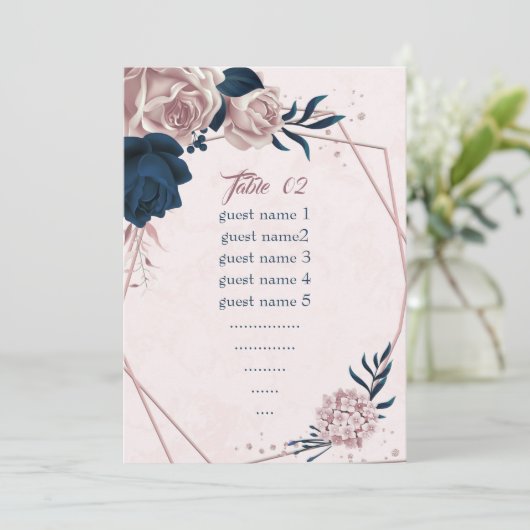 ネイビー&ピンク花のジオメトリックシーティングチャートカード 招待状 (スタンド正面)