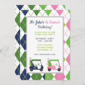 ネイビー&ピンク スプリット アーガイル ゴルフ パーティ ご招待 招待状 (正面/裏面)