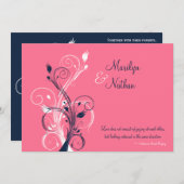 ネイビー、ピンク、ホワイトフローラ結婚式招待状 招待状 (正面/裏面)