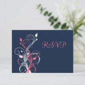 ネイビー ピンク 白 花柄 返信カード 招待状 (スタンド正面)