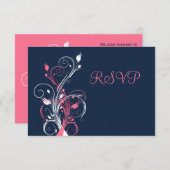ネイビー ピンク 白 花柄 RSVP カード (正面/裏面)