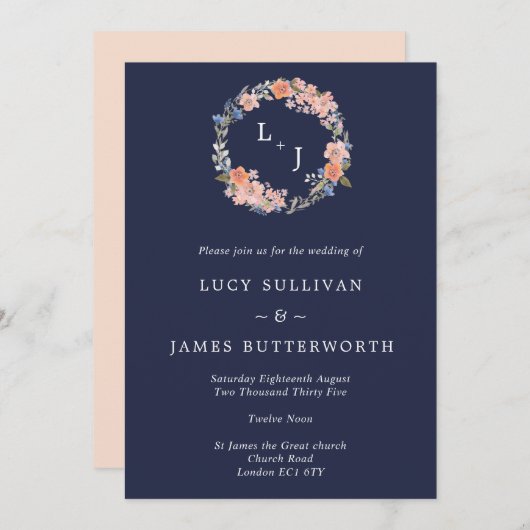 ネイビー&ピーチモノグラムフローラ結婚リース 招待状 (正面/裏面)