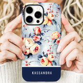 ネイビー&ピーチ カスタムネーム フラワーデザイン Case-Mate iPhoneケース