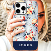 ネイビー&ピーチ カスタムネーム フラワーデザイン Case-Mate iPhoneケース