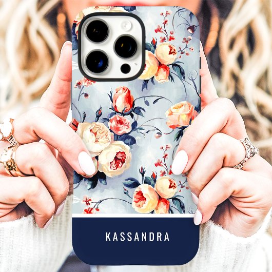 ネイビー&ピーチ カスタムネーム フラワーデザイン Case-Mate iPhoneケース