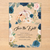 ネイビー ピーチ フローラル パンプキン ウェディング セーブ・ザ・デート アクリル招待状 (正面)