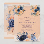 ネイビー ピーチ ペイント フローラル ウェディング カップル シャワー 招待状 (正面/裏面)