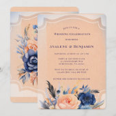 ネイビー ピーチ ペイント フローラル ウェディング セレブレーション 招待状 (正面/裏面)