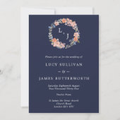 ネイビー & ピーチ モノグラム フラワー リース ウェディング 招待状 (正面)