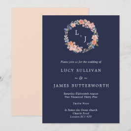 ネイビー & ピーチ モノグラム フラワー リース ウェディング 招待状