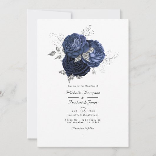ネイビー&フェイクグリッターシルバーフローラQRコード結婚ズ 招待状 (正面)