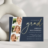 ネイビー |フォトストリップ卒業パーティー金ゴールド 箔招待状