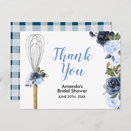 ネイビー フラワーの花嫁がさらわれる前のシャワーパーティ サンキューカード (正面/裏面)
