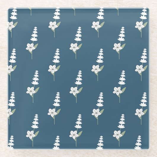 ネイビー フラワーボヘミア 植物模様 ガラスコースター (正面)