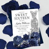 ネイビー フラワー & シルバー ダイヤモンド ドレス スイート 16 パーティー 招待状