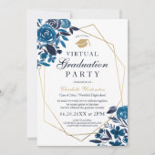 ネイビー フローラル ゴールド フレーム 写真 仮想卒業式 招待状 (正面)