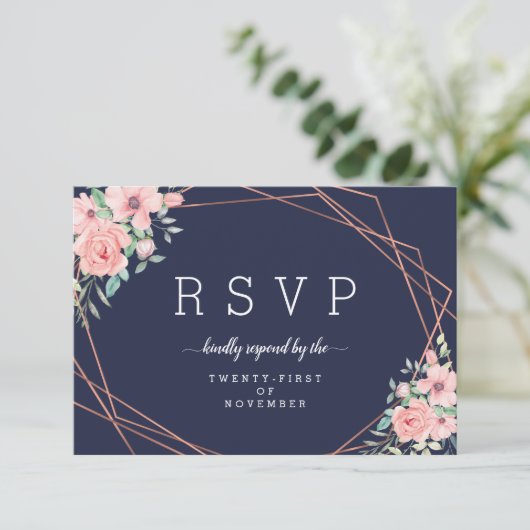 ネイビー フローラル ジオメトリック カッパー 食事選択 出欠カード (スタンド正面)