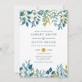 ネイビー フローラル ボタニカル ウォーターカラー 結婚式の招待状 招待状 (正面)