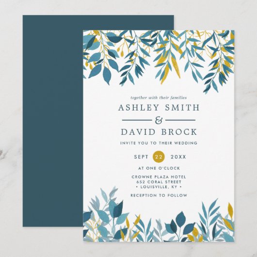 ネイビー フローラル ボタニカル ウォーターカラー 結婚式の招待状 招待状 (正面/裏面)