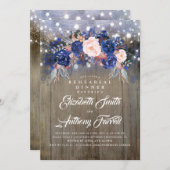 ネイビー フローラル ラスティック リハーサル ディナー 招待状 (正面/裏面)