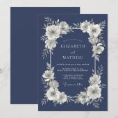 ネイビー フローラル リース ウェディング 招待状 (正面/裏面)