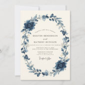 ネイビー フローラル リース ウェディング 招待状 (正面)