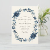 ネイビー フローラル リース ウェディング 招待状 (スタンド正面)
