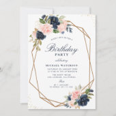 ネイビー＆ブッシュウォーターカラーフラワージオメトリック誕生日 招待状 (正面)