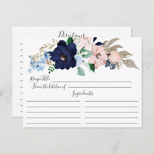 ネイビー & ブッシュピンクの花のレシピカード ポストカード (正面/裏面)