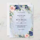 ネイビー & ブッシュピンクの花の結婚式の招待状 招待状 (正面)