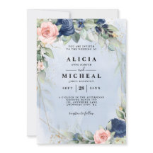 ネイビー & ブッシュピンクの花の結婚式の招待状