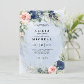 ネイビー & ブッシュピンクの花の結婚式の招待状 招待状 (スタンド正面)