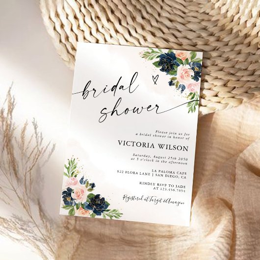 ネイビー & ブッシュピンク フローラル ブライダル シャワー 招待状