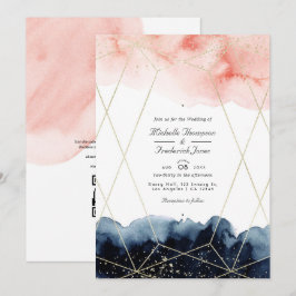 ネイビー & ブッシュ ウォーターカラー ジオメトリック QR コード ウェディング 招待状