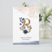 ネイビー、ブッシュ、ゴールドのウェディングテーブルナンバー 招待状 (スタンド正面)