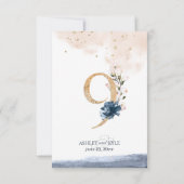 ネイビー、ブッシュ、ゴールドのウェディングテーブルナンバー 招待状 (裏面)