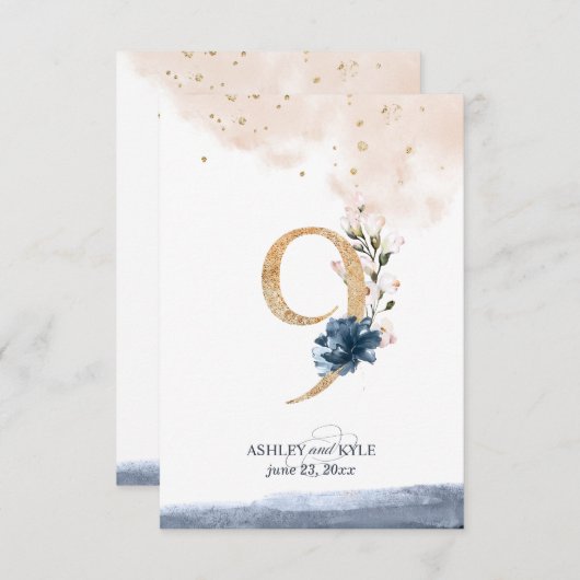 ネイビー、ブッシュ、ゴールドのウェディングテーブルナンバー 招待状 (正面/裏面)