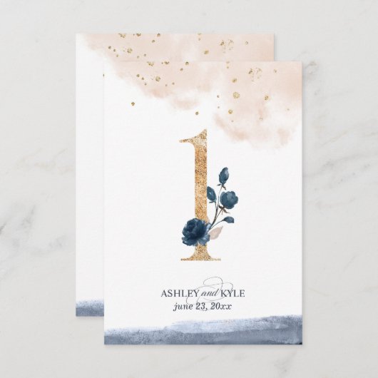 ネイビー、ブッシュ、ゴールドのウェディングテーブルナンバー 招待状 (正面/裏面)